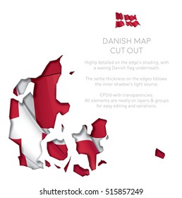 Vector Illustration of a cut out Map of Denmark with a waving Danish flag underneath. All elements neatly on layers and groups for easy editing and variations.