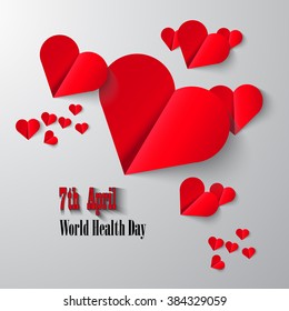 Vector illustration of a cut from red paper heart on the World Health Day. Post card.