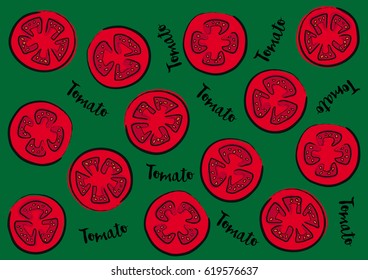 Vector illustration of cut tomatoes on a green background and calligraphic inscription "Tomato"