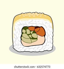 Vector illustration of the cut uramaki sushi golden dragon roll with eel fish, sesame seeds, cream cheese, cucumber and avocado isolated on a light background.