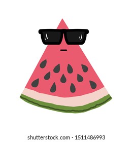 Vector illustration of cut watermelon with black sunglasses. The fruit is isolated on white background. Watermelon character is ready for animation, video. Can be used for your design. EPS10