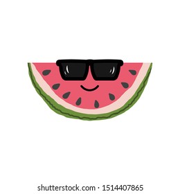 Vector illustration of cut watermelon with black sunglasses. The fruit is isolated on white background. Watermelon character is ready for animation, video. Can be used for your design. EPS10