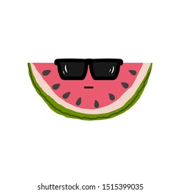 Vector illustration of cut watermelon with black sunglasses. The fruit is isolated on white background. Watermelon character is ready for animation, video. Can be used for your design. EPS10