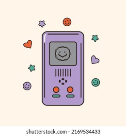 Vector illustration of cute 80s, 90s electronic game with pixel face. Cartoon entertainment gadget for kids and teenagers. Vintage videogame with buttons. Trendy oldschool icon