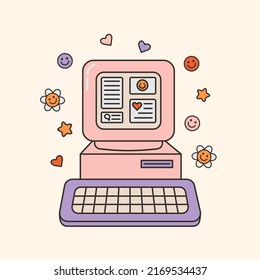 Vector illustration of cute 80s, 90s desktop computer. Nostalgia sticker in groovy style. Trendy oldschool electronic device