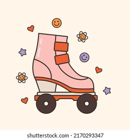 Vector illustration of cute 80s, 90s roller skate. Cartoon shoe on wheels with hearts and smiling faces. Vintage sport activity element. Trendy oldschool icon