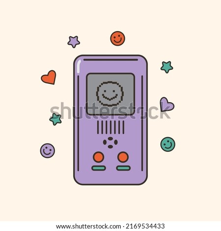 Vector illustration of cute 80s, 90s electronic game with pixel face. Cartoon entertainment gadget for kids and teenagers. Vintage videogame with buttons. Trendy oldschool icon