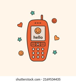 Vector illustration of cute 90s, 2000s electronic mobile phone. Cartoon cellphone with smiling face. Vintage device with buttons. Trendy oldschool icon