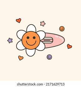 Vector illustration of cute 90s daisy hair clip. Cartoon accessory for girls with  smiling face. Adorable flower hairpin. Trendy oldschool icon