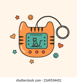 Vector illustration of cute 90s electronic game with pixel pet. Cartoon entertainment gadget for kids. Vintage tamagotchi videogame. Trendy oldschool icon