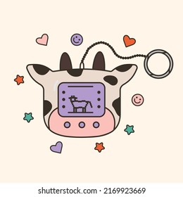 Vector illustration of cute 90s electronic game with pixel pet. Cartoon entertainent gadget for kids. Vintage tamagotchi videogame. Trendy oldschool icon