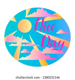 Vector illustration cute abstract landscape with sun and sunbeams and clouds for advertisment