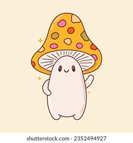 Vektorgrafik eines süßen abstrakten Pilzes mit Gesicht und Händen. Adorable magische amanita Charakter. Cartoon Märchen fliegen agarisch. Kerndrucken, Clipart, Kartendesign