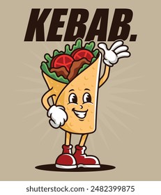 Ilustración vectorial de un lindo y adorable kebab de dibujos animados sonriendo ampliamente y saludando alegremente, para camisetas, pegatinas y otros productos similares.