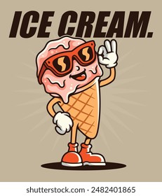 Ilustración vectorial de un lindo y adorable cono de helado de dibujos animados sonriendo ampliamente y saludando alegremente, para camisetas, pegatinas y otros productos similares.