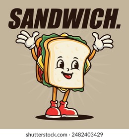 Vector illustration of a cute and adorable cartoon sandwich smiling broadly and waving cheerfully, For t-shirts, stickers and other similar products.