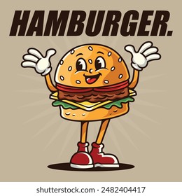 Vector illustration of a cute and adorable cartoon hamburger smiling broadly and waving cheerfully, For t-shirts, stickers and other similar products.