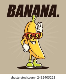 Vector illustration of a cute and adorable cartoon banana smiling broadly and waving cheerfully, For t-shirts, stickers and other similar products.