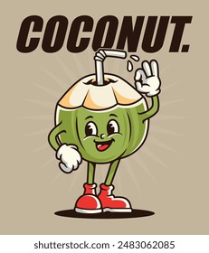 Vector illustration of a cute and adorable cartoon coconut smiling broadly and waving cheerfully, For t-shirts, stickers and other similar products.