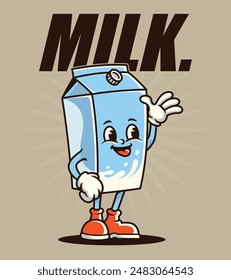 Ilustración vectorial de una linda y adorable caja de leche de dibujos animados sonriendo ampliamente y saludando alegremente, para camisetas, pegatinas y otros productos similares.