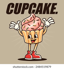 Vector illustration of a cute and adorable cartoon cupcake smiling broadly and waving cheerfully, For t-shirts, stickers and other similar products.