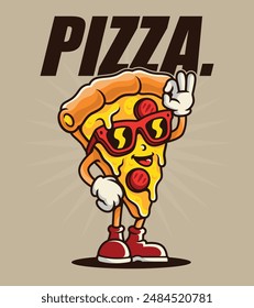 Ilustración vectorial de una linda y adorable pizza de dibujos animados sonriendo ampliamente y saludando alegremente, Para camisetas, pegatinas y otros productos similares.