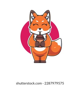 vector illustration of cute and adorable fox cartoon character drinking boba