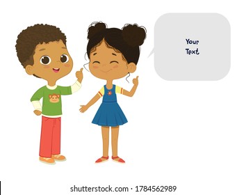 Vector illustration of the cute African American boy and girl pointing at a bubble with place for text. Preschool children boy and girl. School kids and speech bubble with place for text isolated 