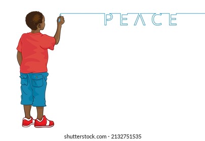 Vector illustration of cute african american boy writing on the wall or one line drawing of message with words peace,isolated on white background,Clever and mischievous child's imagination concept.