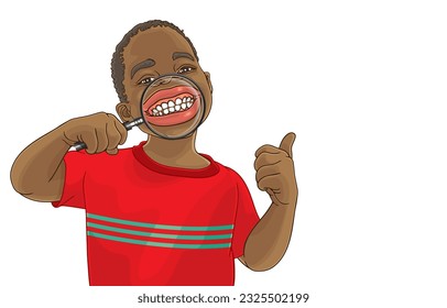 Ilustración vectorial de un lindo niño afroamericano muestra dientes blancos fuertes con sonrisa a través de lupa mientras muestra los pulgares hacia arriba, Higiene oral, Buena salud dental en niños, en blanco.