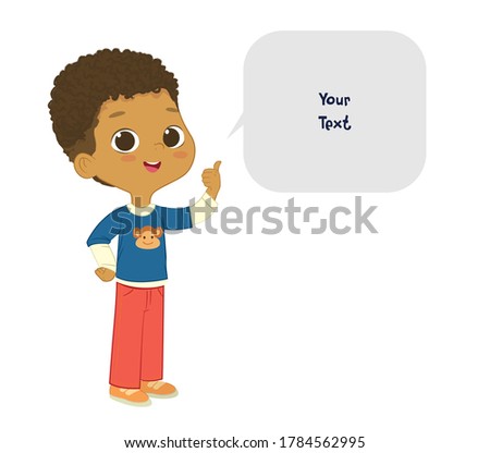 Vector illustration of the cute African American Boy pointing at a bubble with place for text. Preschool boy. School boy and speech bubble with place for text isolated on white background..
