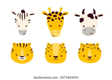 Vector illustration of cute African animal faces isolated on white background - zebra, giraffe, cow, tiger, cheetah, leopard