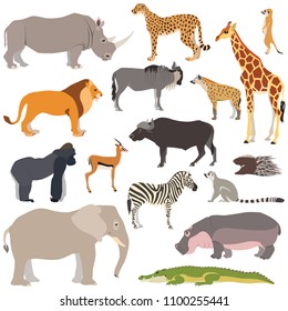 Vector illustration of cute african animals isolated on white background, such as elephant, zebra, giraffe, hippo, 
gorilla...