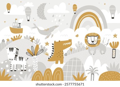  Vector illustration of cute African animals, ocean, whale and ship, balloons and plants. Mountain landscape, clouds and rainbow. Kids tropical wallpaper. Jungle, children's room design, wall decor.