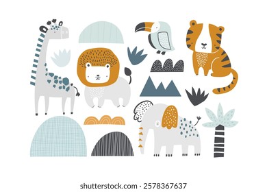 Vector illustration of cute African animals. Giraffe, lion, tiger, toucan, elephant. Landscape elements: mountains, hills, palm tree, tropical leaves. Jungle. Safari. Illustration for children.