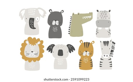 Vector illustration of cute African animals: elephant, panther, crocodile, hippo, lion, koala, tiger, zebra. Wild animals. Jungle. Safari.  Perfect for kids products, posters, postcards, t-shirt.