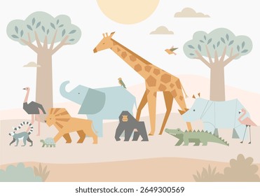 Vector illustration of cute African animals in a flat cartoon style. Includes giraffe, elephant, lion, rhino, crocodile, ostrich, gorilla, lemur, flamingo, turtle, and birds in a tropical savanna and 