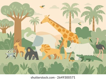 Ilustração vetorial de animais africanos bonitos em um estilo de desenho animado plano. Inclui girafa, elefante, leão, rinoceronte, crocodilo, avestruz, gorila, lêmure, flamingo, tartaruga e aves em uma savana tropical e 