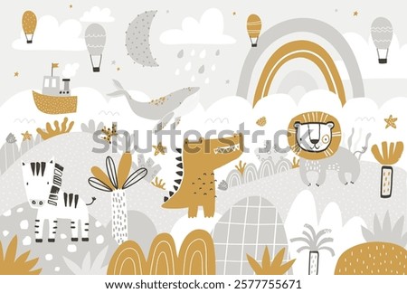  Vector illustration of cute African animals, ocean, whale and ship, balloons and plants. Mountain landscape, clouds and rainbow. Kids tropical wallpaper. Jungle, children's room design, wall decor.