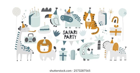 Vector illustration cute African jungle animals celebrating birthday. Giraffe, toucan, hippo, tiger, lion, crocodile, elephant. Safari party. Festive elements. Ideal for invitations, cards. Kids.