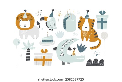 Vector illustration cute African jungle animals celebrating birthday. Toucan, tiger, lion, crocodile. Safari party. Festive elements: cake, gifts, balloons, confetti. Ideal for invitations, cards. 