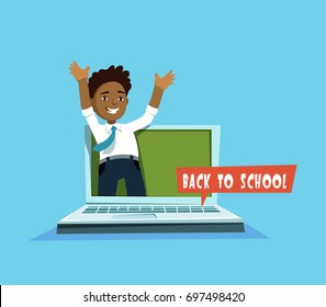 Vector illustration of cute african student and laptop computer with chalkboard in cartoon style. Design concept postcard back to school