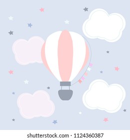 Vector illustration with a cute air balloon on light grey background and clouds, perfect for greeting cards, backgrounds, baby shower, etc.