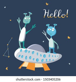 Vector illustration of cute aliens standing on UFO saying HELLO in space with stars. Bright and funny flat illustration of smiling monsters. Dark blue background. Cartoon elements for cosmic design