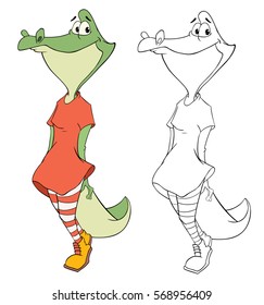Vector Illustration of a Cute Alligator. Cartoon Character. Coloring Book