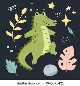 Vector illustration of cute alligator and colorful leaves