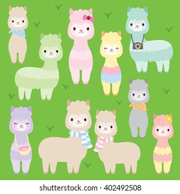 Vector illustration of cute alpacas or llamas in different colors.