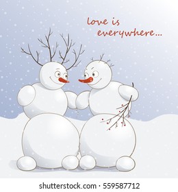Vector illustration of cute amorous snowmen under the snow