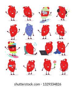 Vector illustration of cute anatomical heart character in different positions and emotional. Collection of heart emoji for stickers and web design in flat cartoon style.