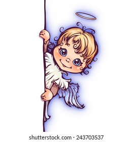 Vector Illustration Of Cute Angel With Panel For Text